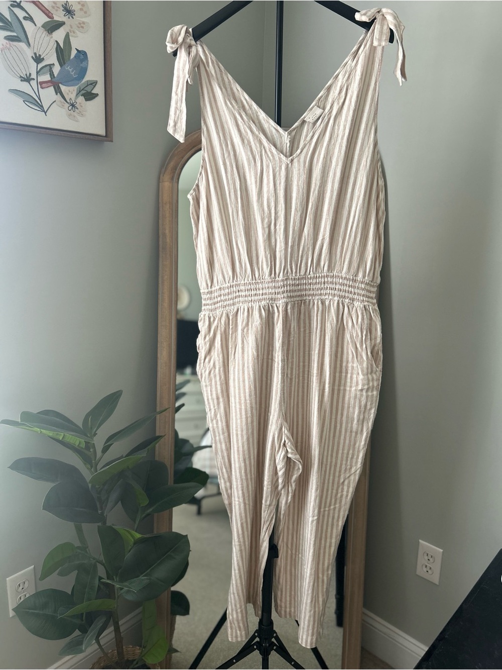 Beige and White Striped Sleeveless Jumpsuit